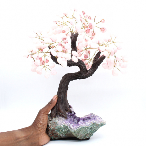 Albero minerale con base in ametista e foglie in quarzo rosa