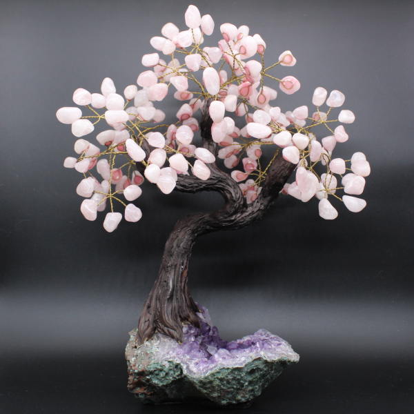 Albero minerale con base in ametista e foglie in quarzo rosa