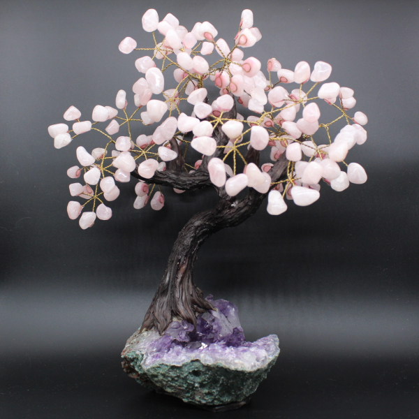 Albero minerale con base in ametista e foglie in quarzo rosa