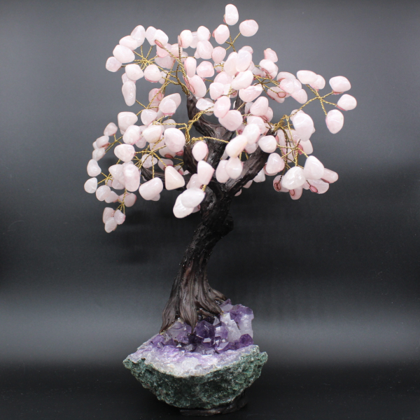 Albero minerale con base in ametista e foglie in quarzo rosa