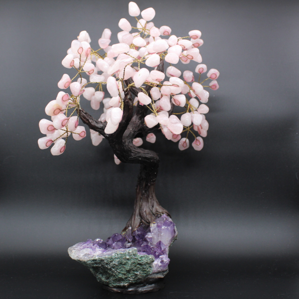 Albero minerale con base in ametista e foglie in quarzo rosa