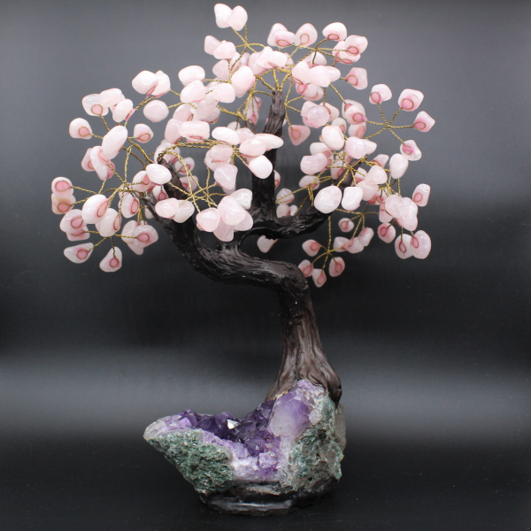 Albero minerale con base in ametista e foglie in quarzo rosa