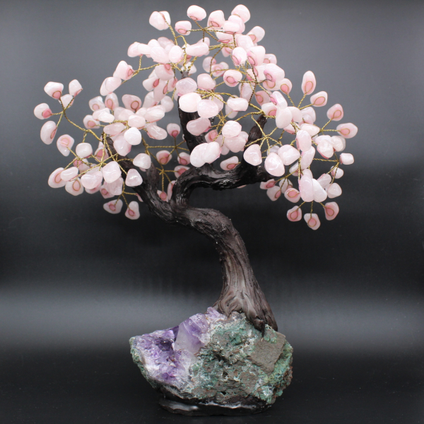 Albero minerale con base in ametista e foglie in quarzo rosa
