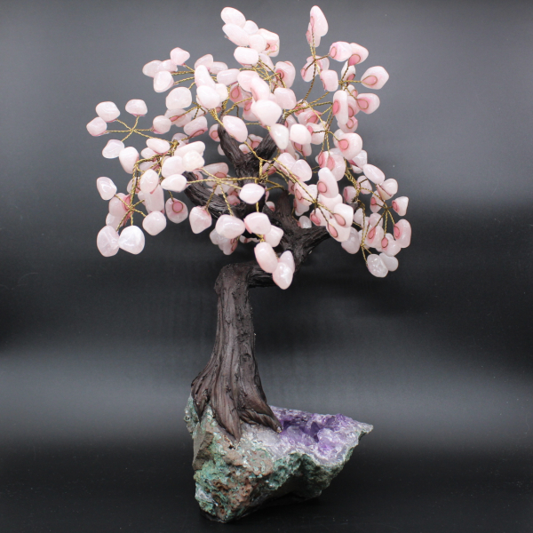 Albero minerale con base in ametista e foglie in quarzo rosa