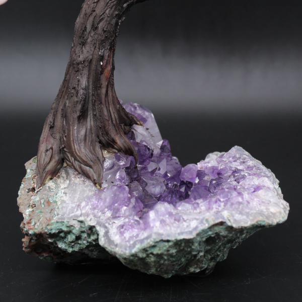 Albero minerale con base in ametista e foglie in quarzo rosa