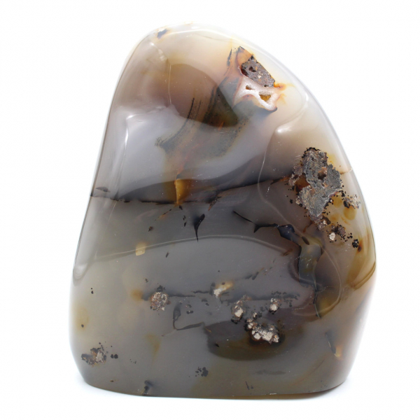 Corniola lucidata, grande ornamento minerale rosso-arancio, Madagascar