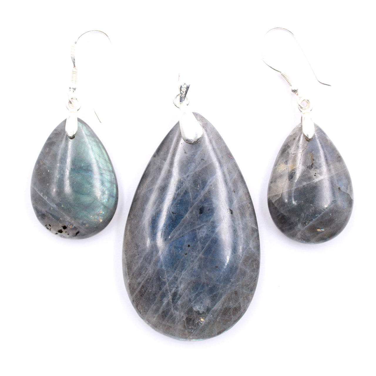 Ciondolo e orecchini in labradorite e argento 925