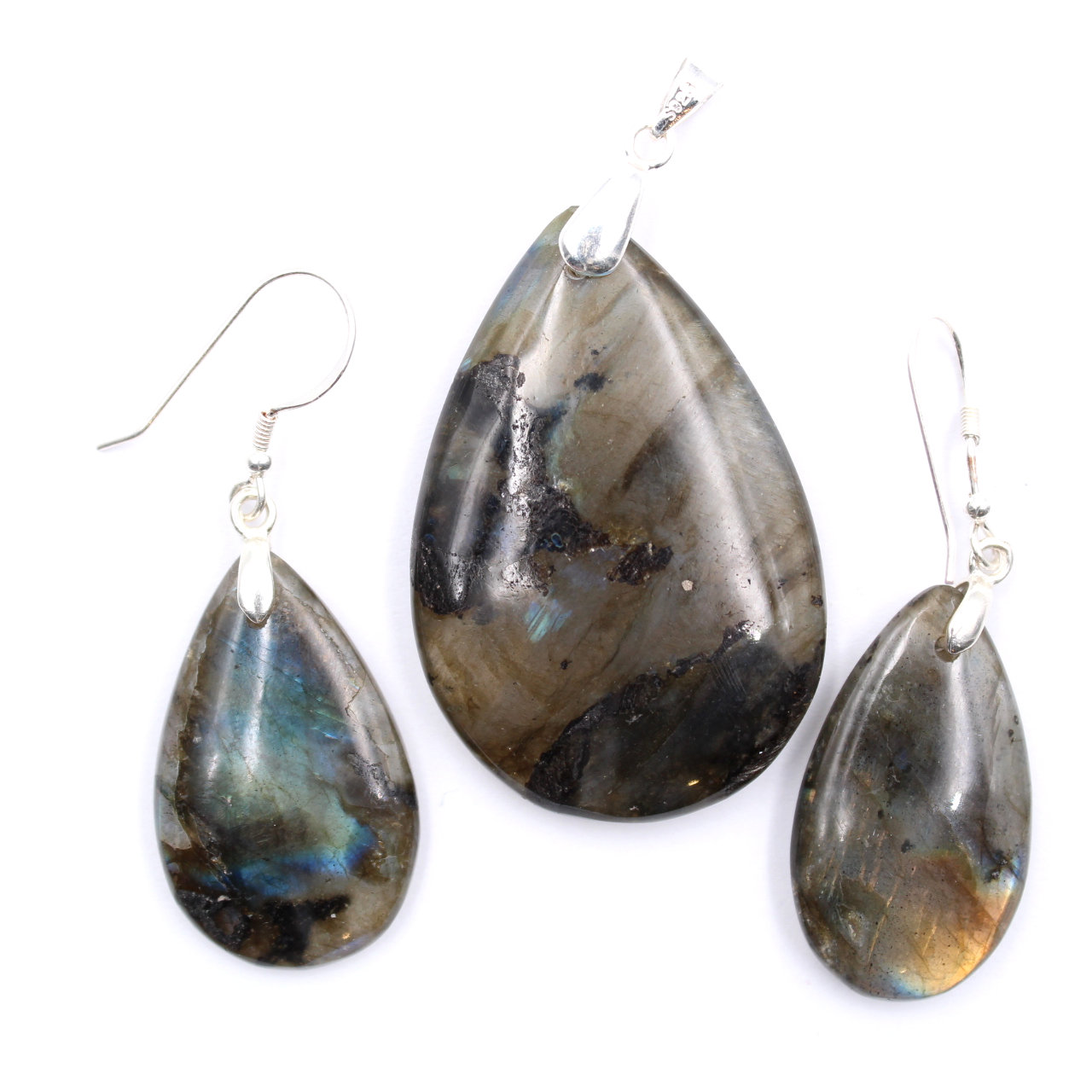 Ciondolo e orecchini in labradorite e argento 925