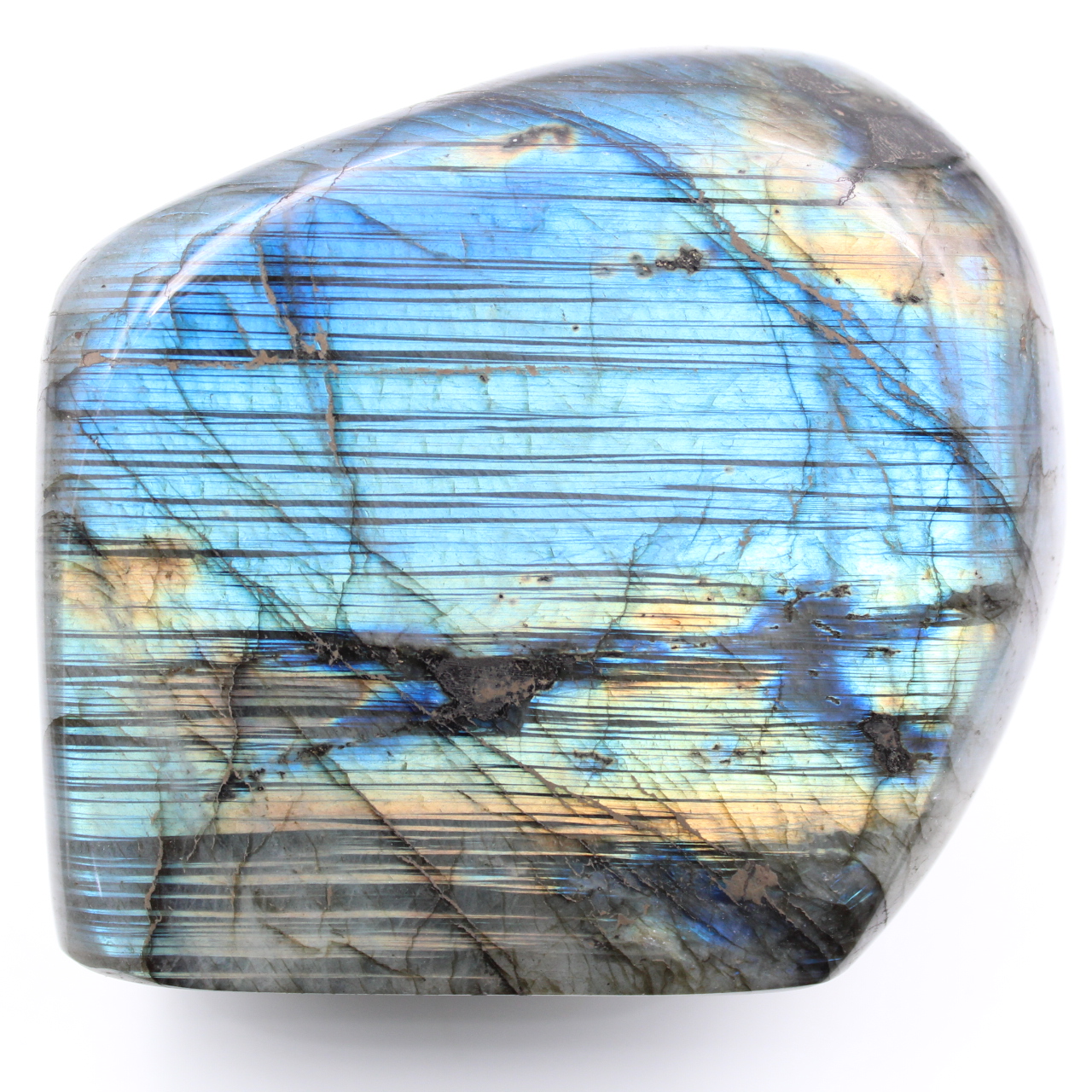 Labradorite con riflessi blu striati, decoro a forma libera