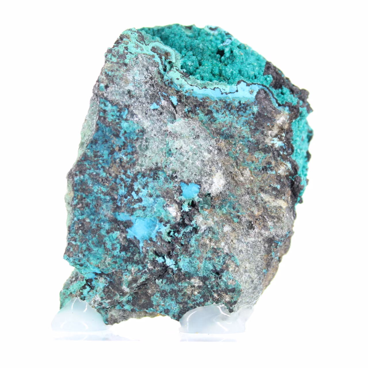 Autentico esemplare grezzo di brochantite proveniente dal Cile su una base
