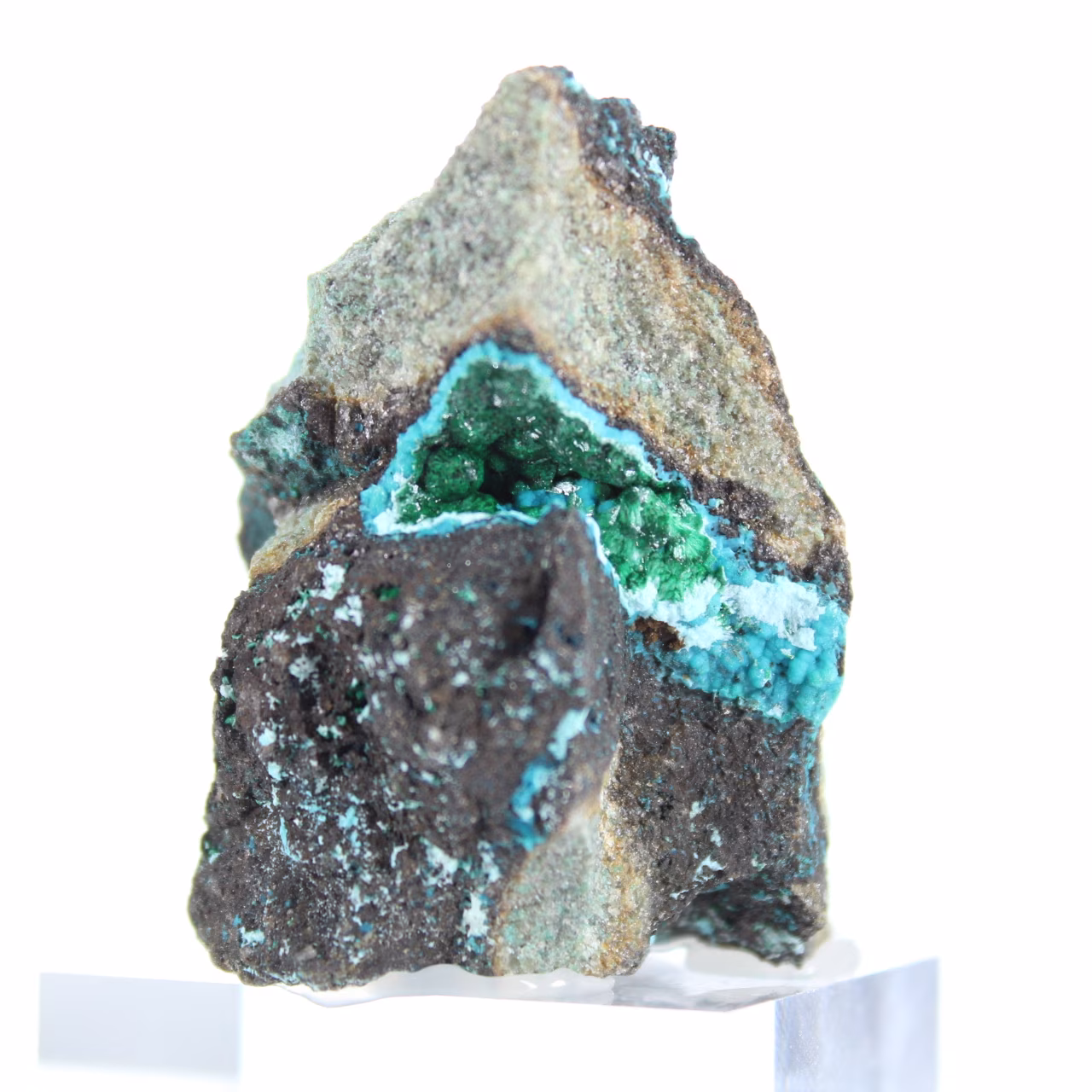 Brochantite naturale proveniente dal Cile, montata su un supporto espositivo.