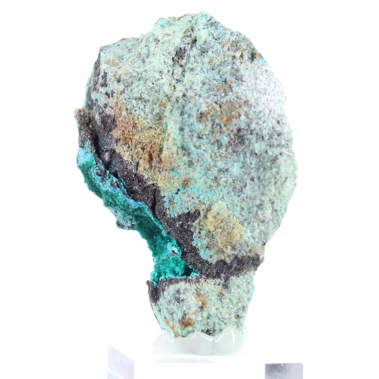 Brocantite verde grezza proveniente dal Cile, montata su una base