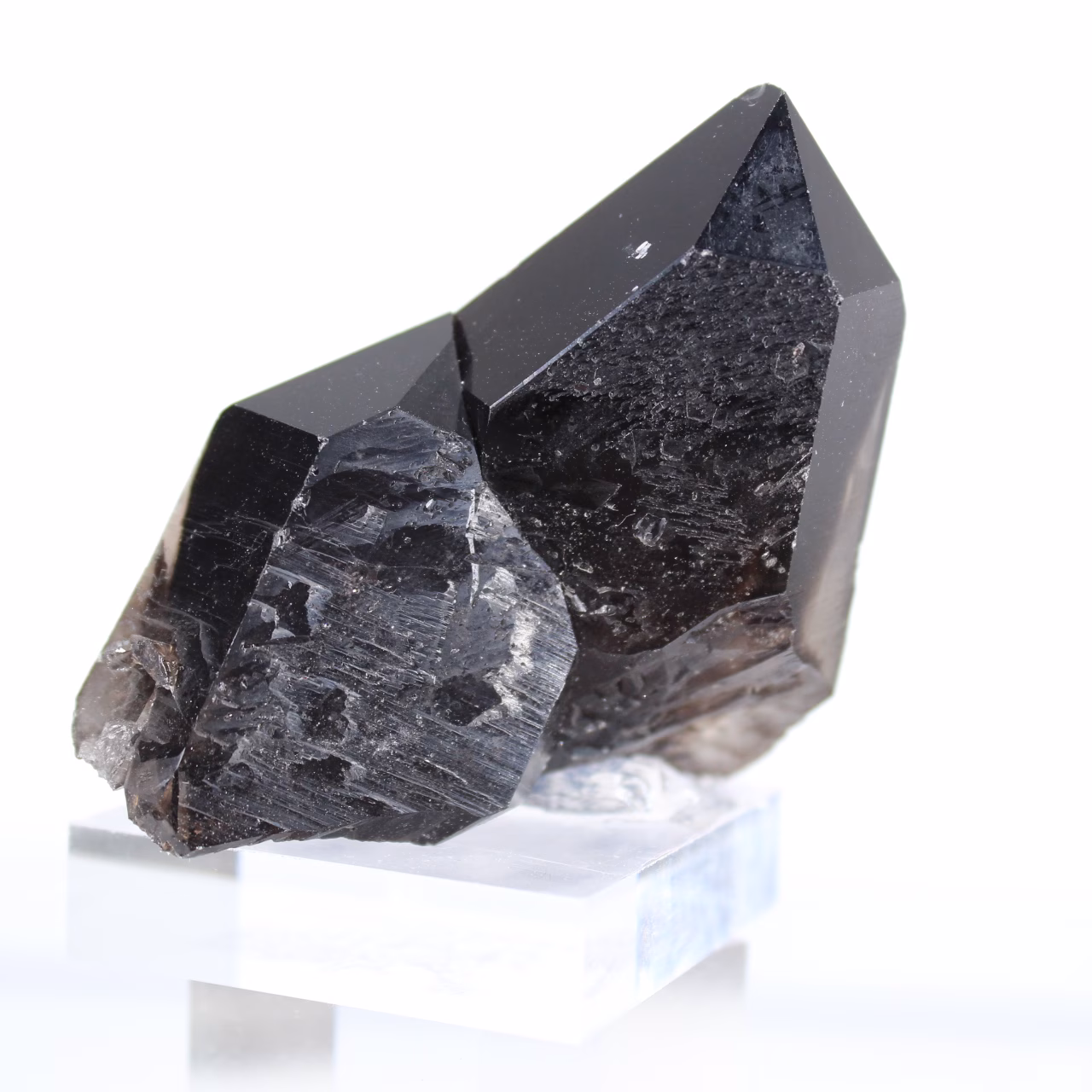 Piccolo cristallo di quarzo morione naturale del Brasile su base in acrilico